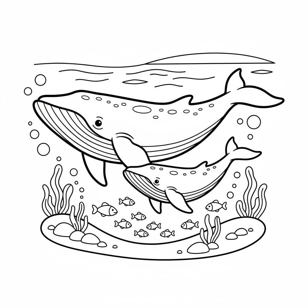 Valmamma och kalv simmar tillsammans havsmigration - Gratis utskrivbar målarbild