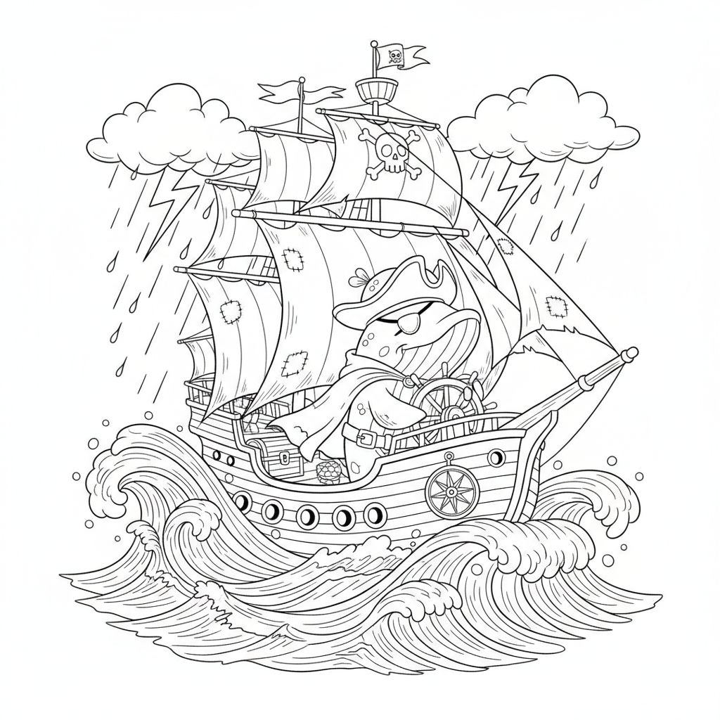 Whale pirate captain steering enormous ship through storm - Free Printable Coloring Page