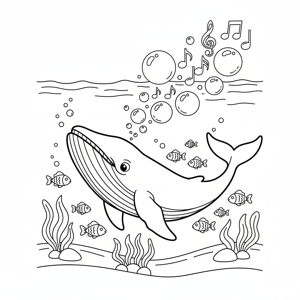 Val som sjunger under vattnet med musikaliska noter bubblor - Gratis utskrivbar målarbild