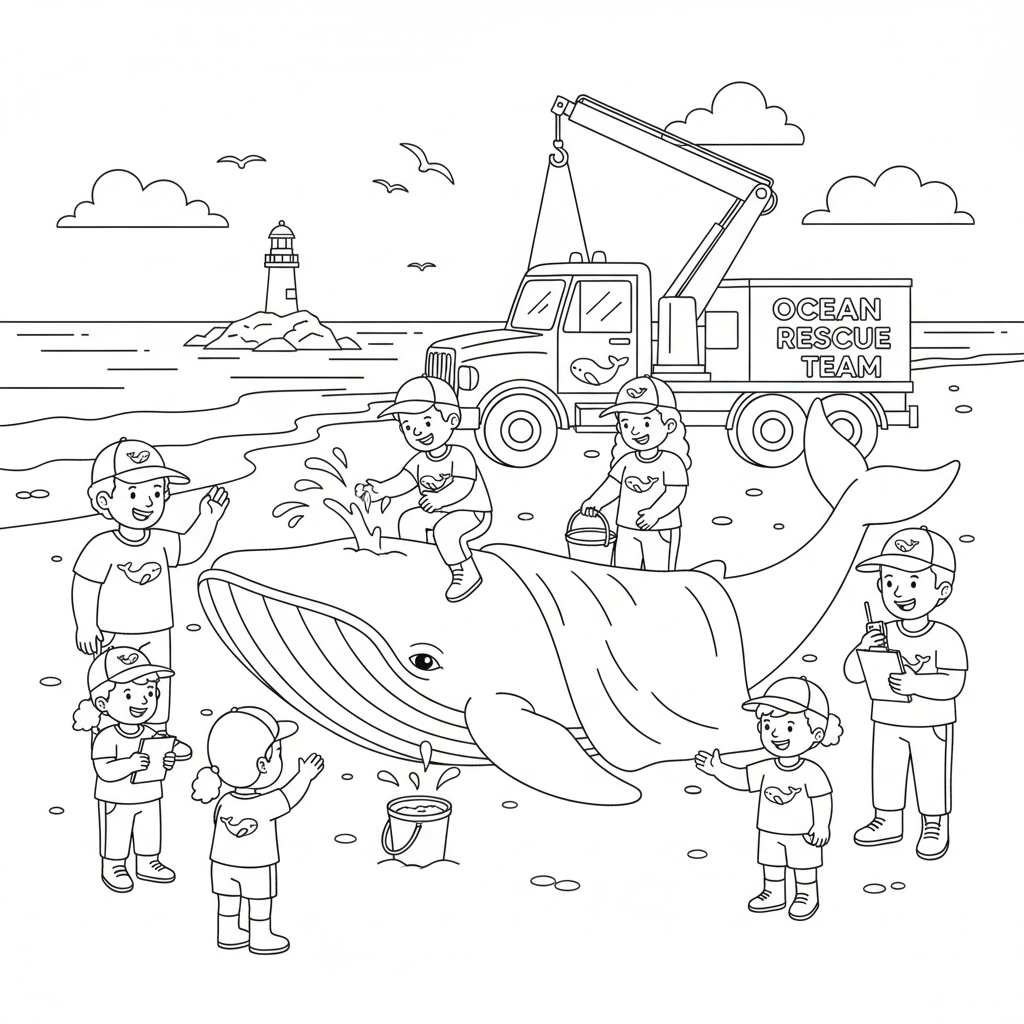 Balena spiaggiata soccorsa dai soccorritori della protezione civile - Free Printable Coloring Page Balena spiaggiata soccorsa dai soccorritori della protezione civile - Free Printable Coloring Page
