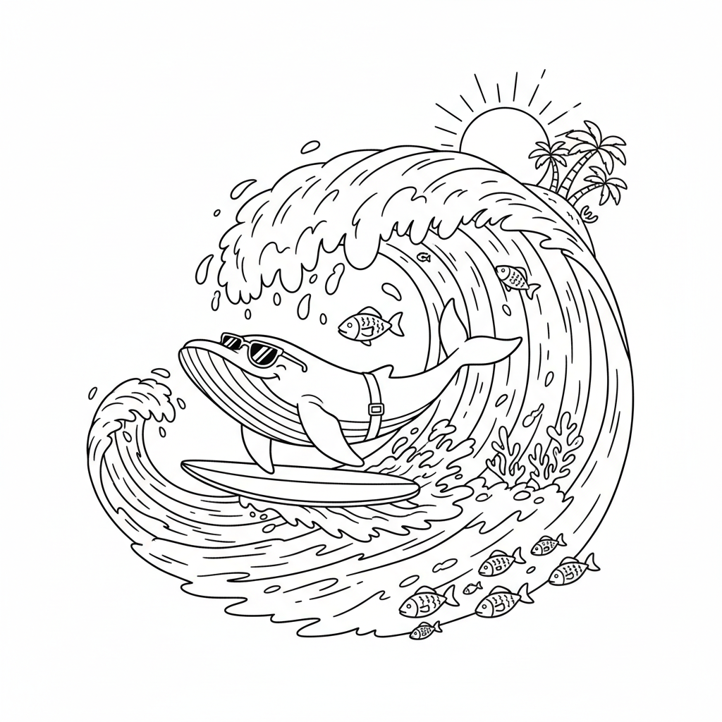 Valsurfing på tsunamivåg episk extremsport - Gratis utskrivbar målarbild