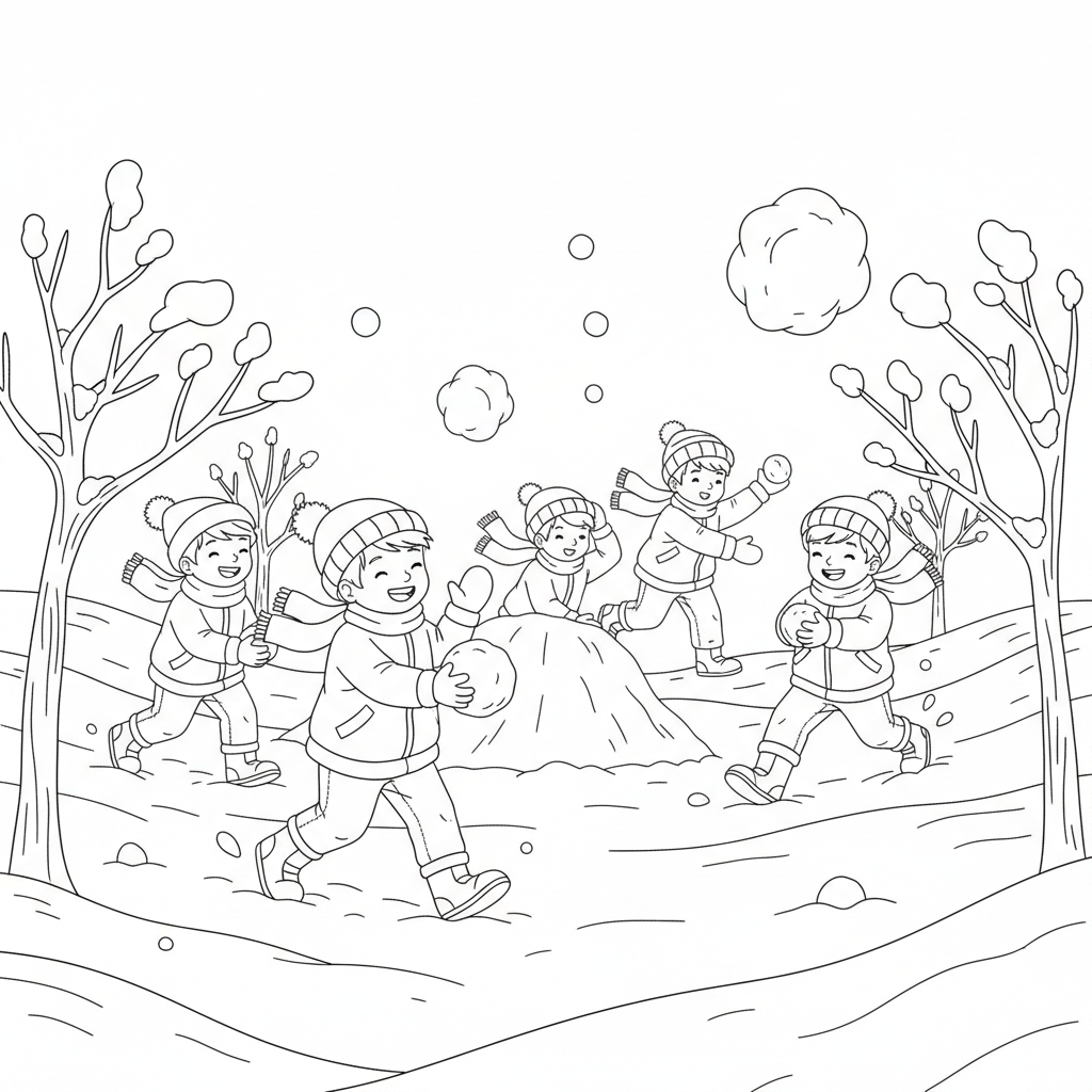 Children Having Snowball Fight Fun - Free Printable Coloring Page Children Having Snowball Fight Fun - Free Printable Coloring Page