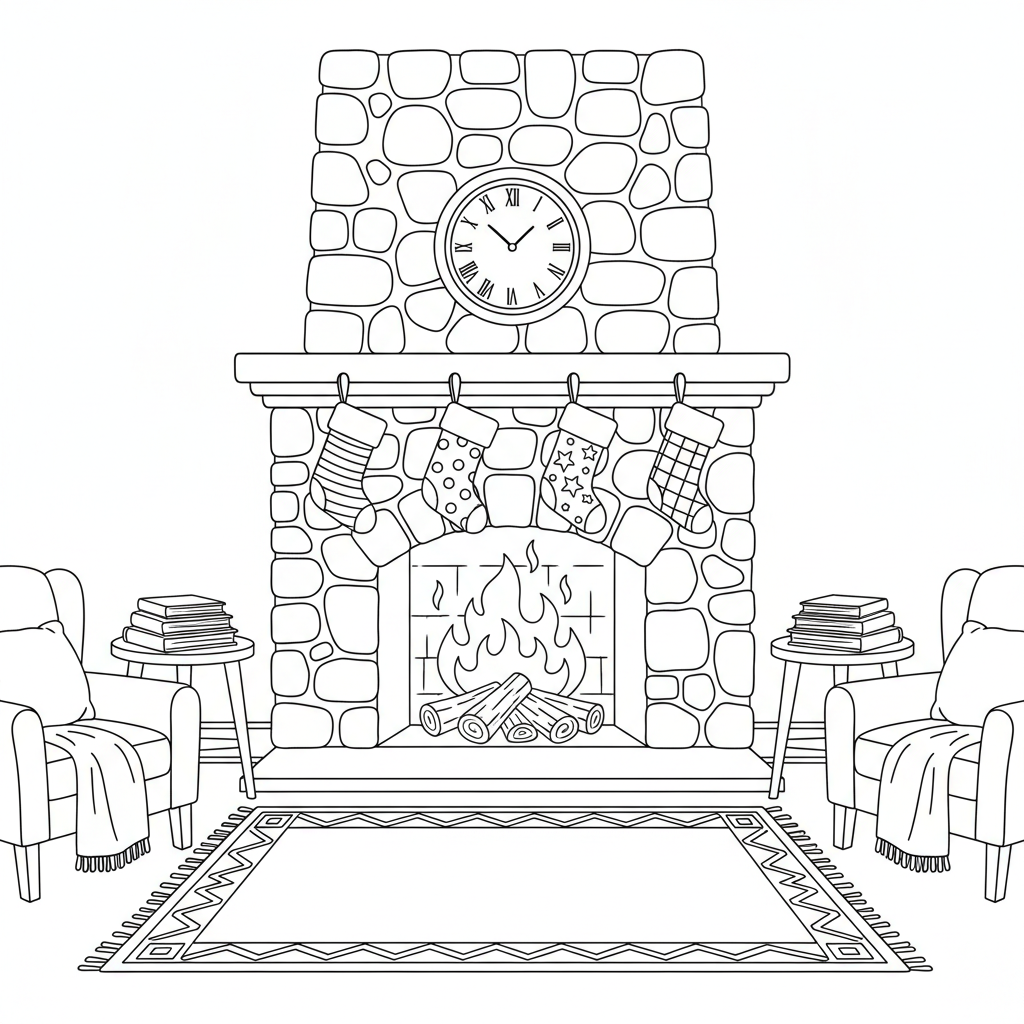 Cheminée douillette avec des bas accrochés au chaud - Coloriage gratuit à imprimer Cheminée douillette avec des bas accrochés au chaud - Coloriage gratuit à imprimer