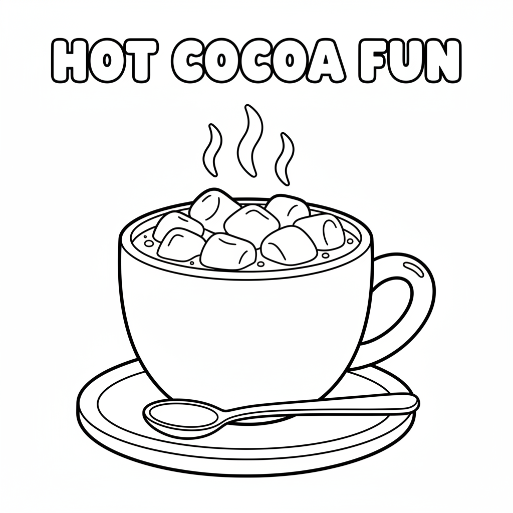 Hot cocoa mug with marshmallows steaming - Free Printable Coloring Page