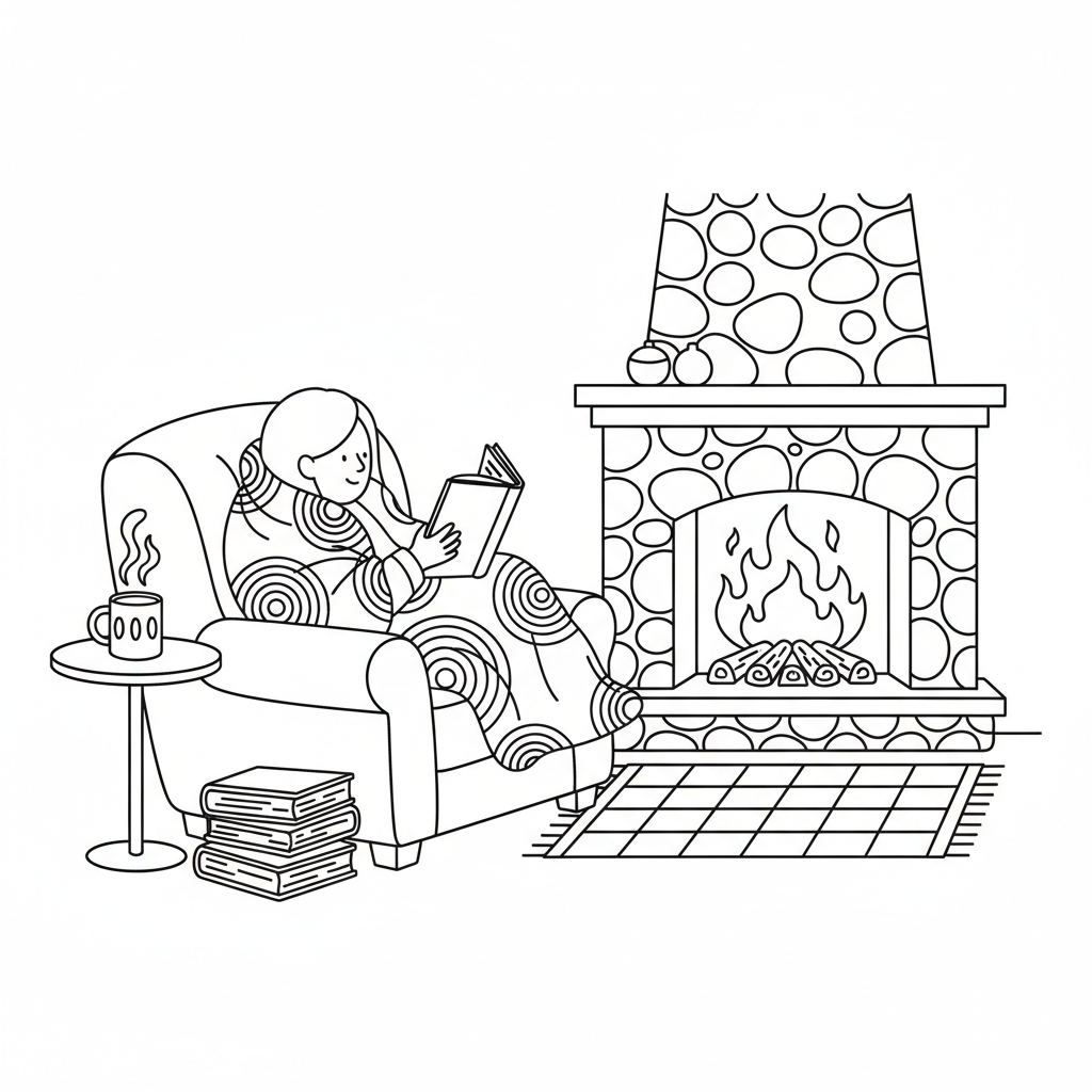 Reading by fireplace with blanket cozy - Free Printable Coloring Page