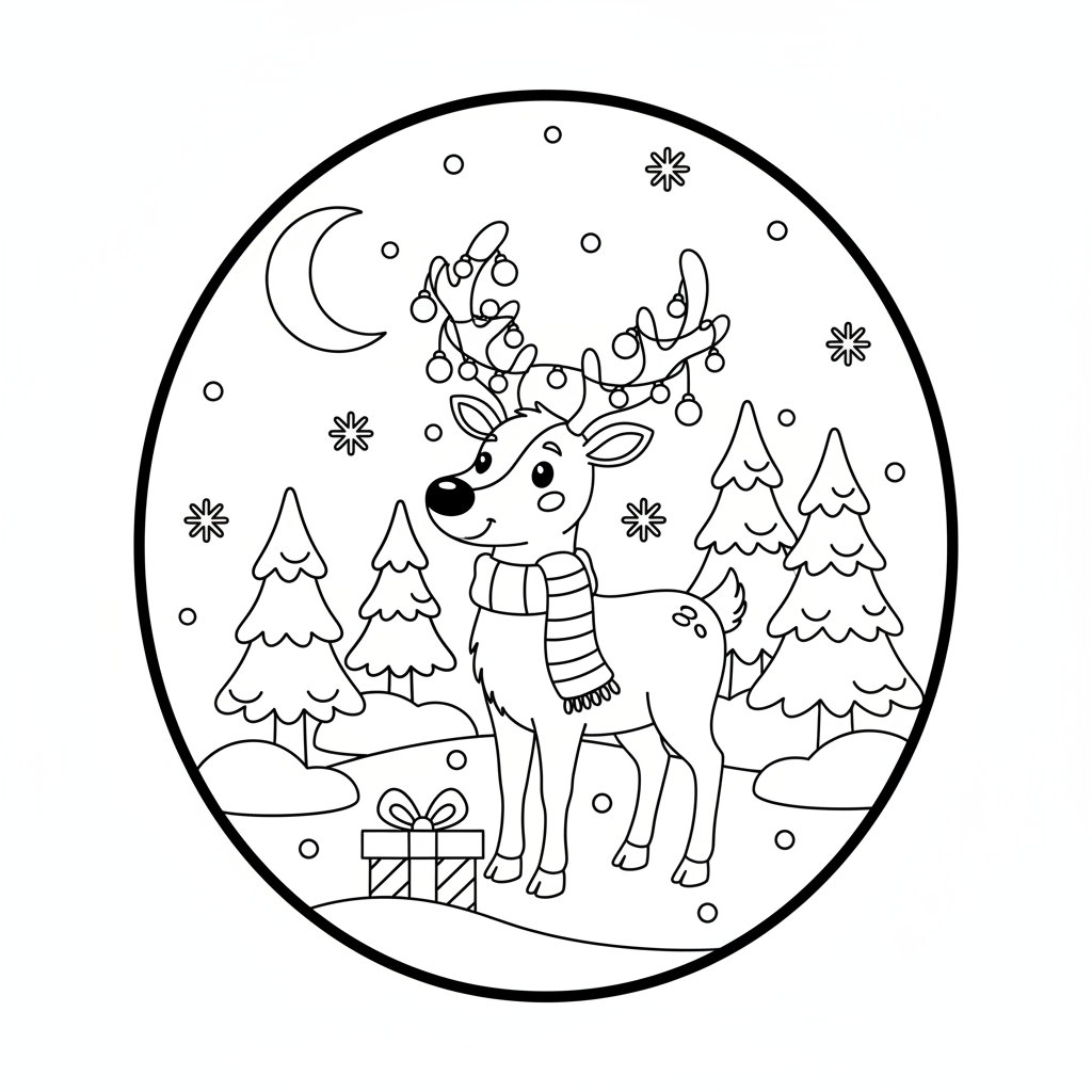 Reindeer in snowy forest holiday spirit - Free Printable Coloring Page Reindeer in snowy forest holiday spirit - Free Printable Coloring Page