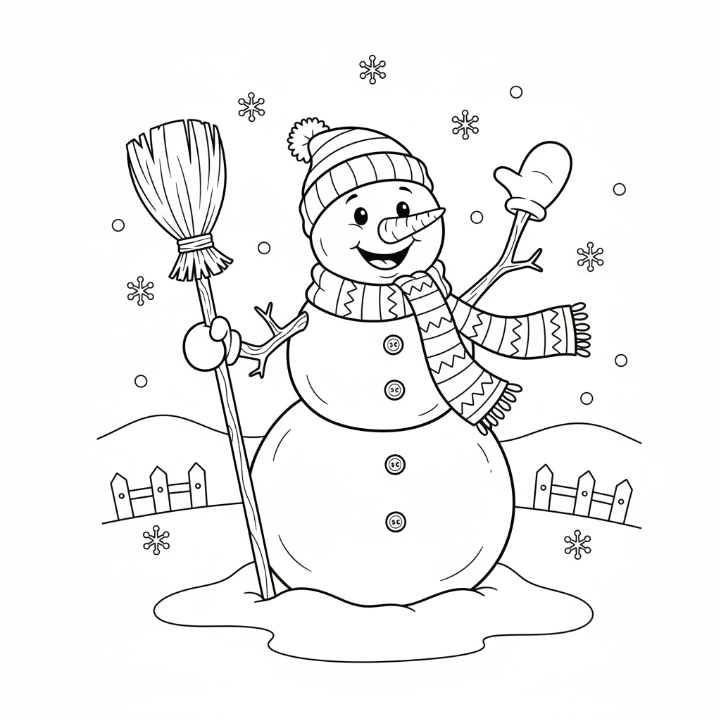 Snowman Waving With Stick Arms - Free Printable Coloring Page Snowman Waving With Stick Arms - Free Printable Coloring Page