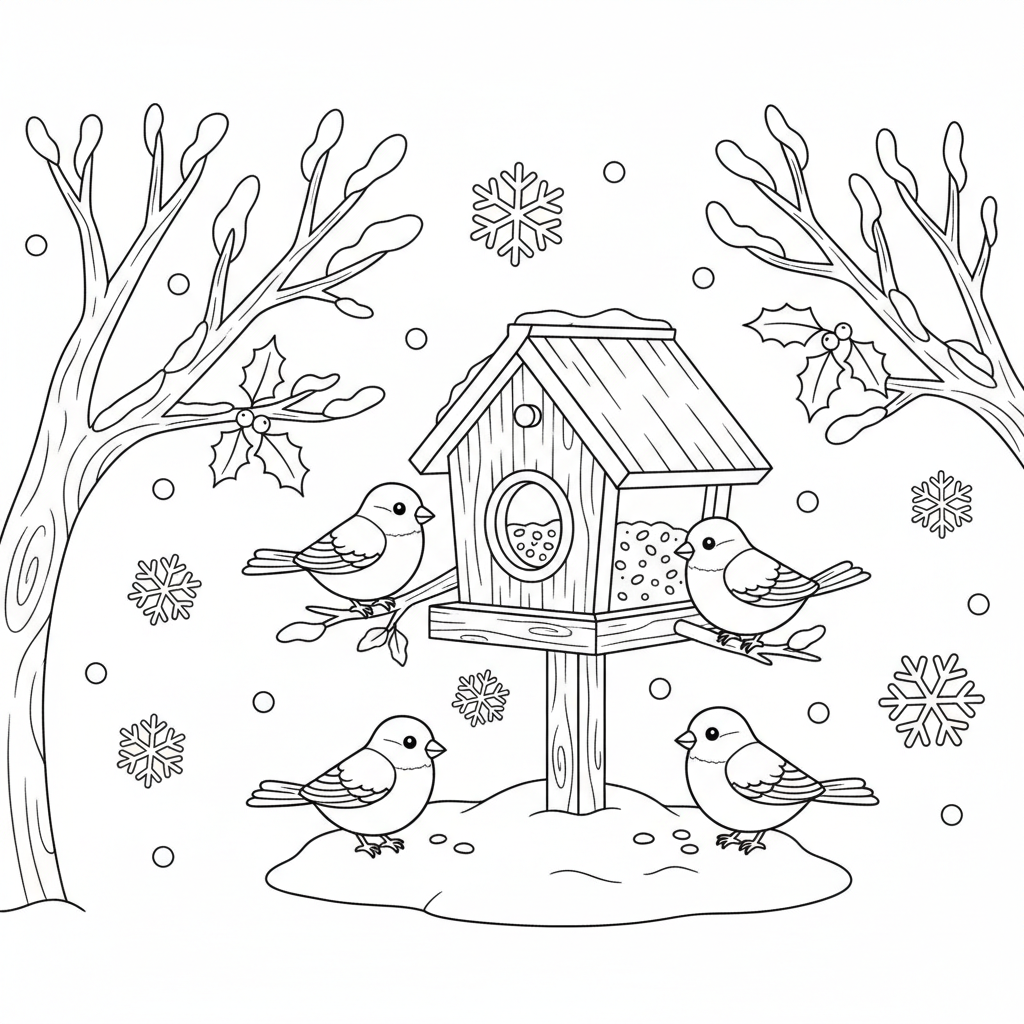 Uccelli invernali alla mangiatoia - Disegno da colorare gratuito Uccelli invernali alla mangiatoia - Disegno da colorare gratuito
