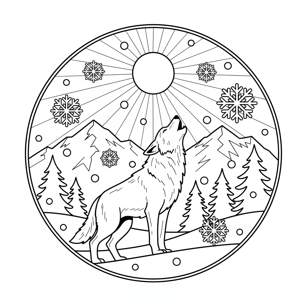 Wolf howling in winter moonlight dramatic - Free Printable Coloring Page Wolf howling in winter moonlight dramatic - Free Printable Coloring Page