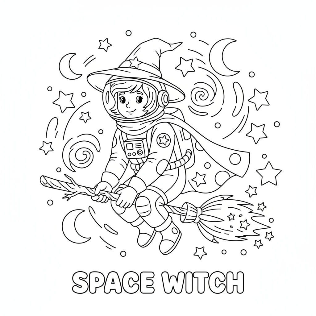 Witch astronaut space broom floating stars galaxy - Free Printable Coloring Page