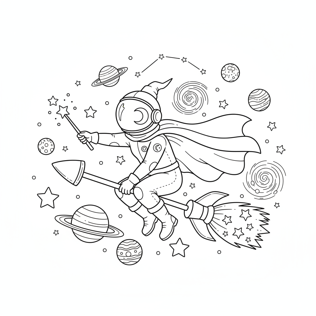 Witch Astronaut Space Broom - Free Printable Coloring Page Witch Astronaut Space Broom - Free Printable Coloring Page