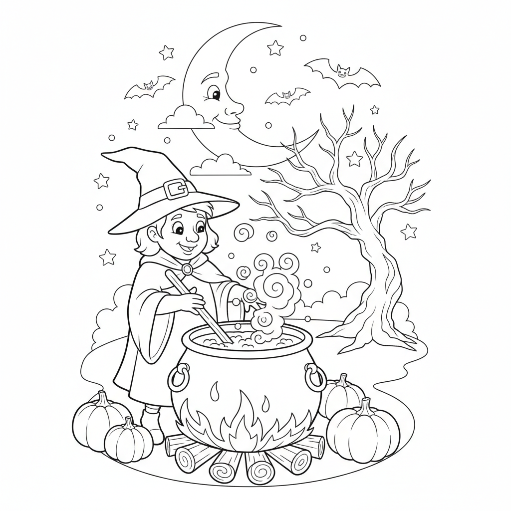 Witch brewing potion in bubbling cauldron moonlit night - Free Printable Coloring Page Witch brewing potion in bubbling cauldron moonlit night - Free Printable Coloring Page