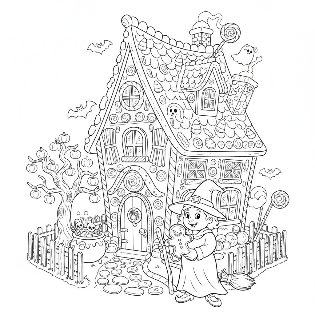 Heksen snoephuis Halloween peperkoek versierd - Gratis afdrukbare kleurplaat Heksen snoephuis Halloween peperkoek versierd - Gratis afdrukbare kleurplaat