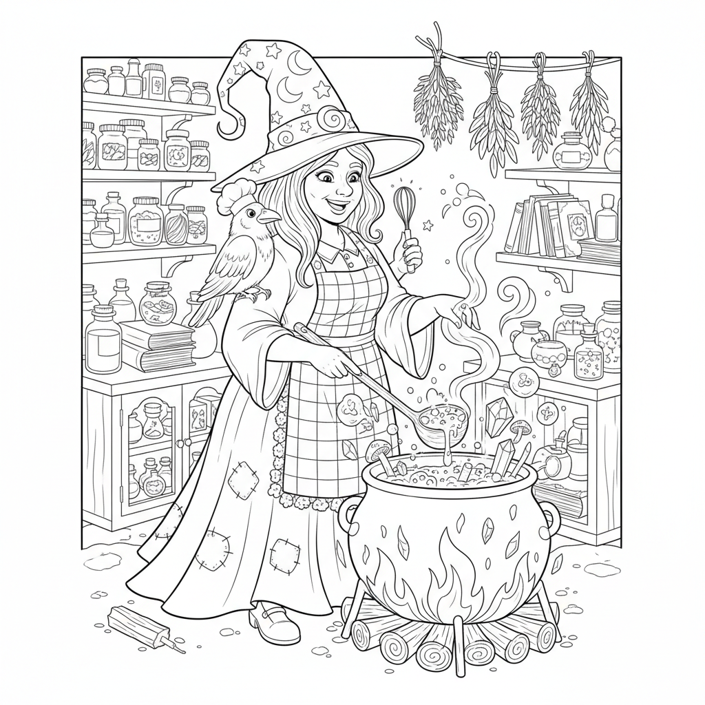 Witch Chef Cooking Magic Soup - Free Printable Coloring Page Witch Chef Cooking Magic Soup - Free Printable Coloring Page