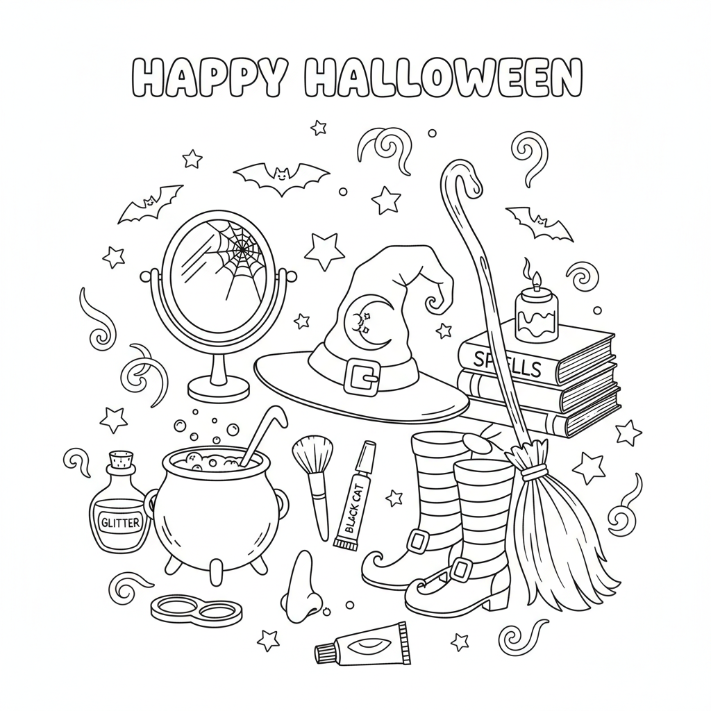 Heksenkostuum accessoires make-up Halloween klaarmaken - Gratis afdrukbare kleurplaat Heksenkostuum accessoires make-up Halloween klaarmaken - Gratis afdrukbare kleurplaat