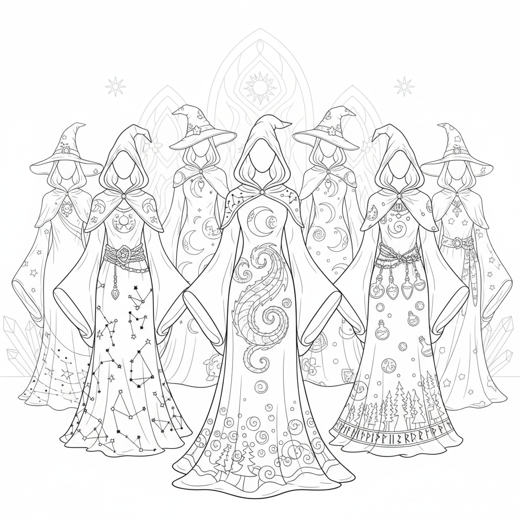 Witch Fashion Show Robes - Free Printable Coloring Page Witch Fashion Show Robes - Free Printable Coloring Page