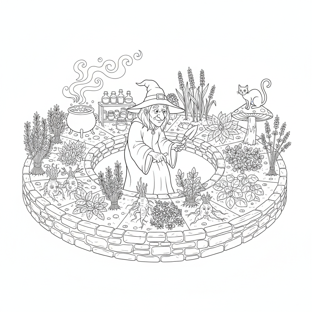 Witch Garden Growing Herbs - Free Printable Coloring Page Witch Garden Growing Herbs - Free Printable Coloring Page
