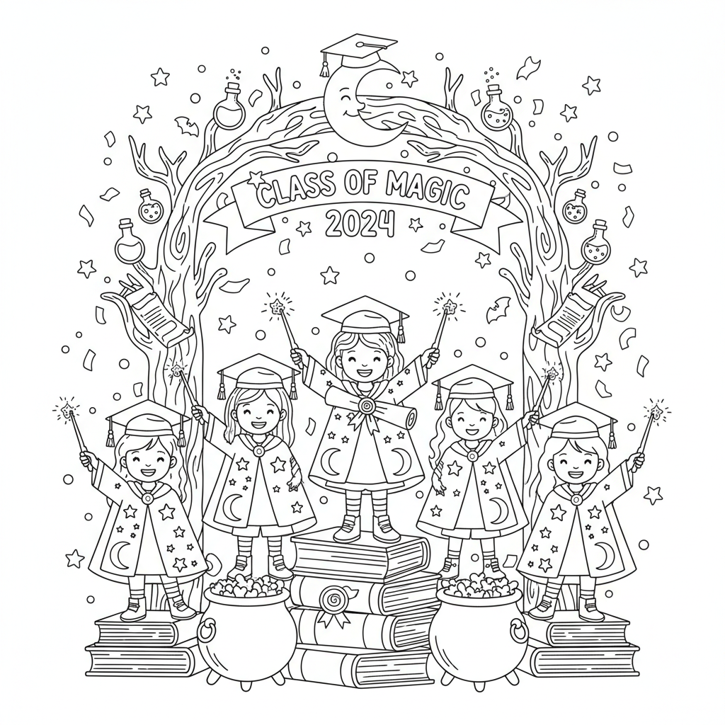 Witch graduation ceremony magical education achievement - Free Printable Coloring Page Witch graduation ceremony magical education achievement - Free Printable Coloring Page