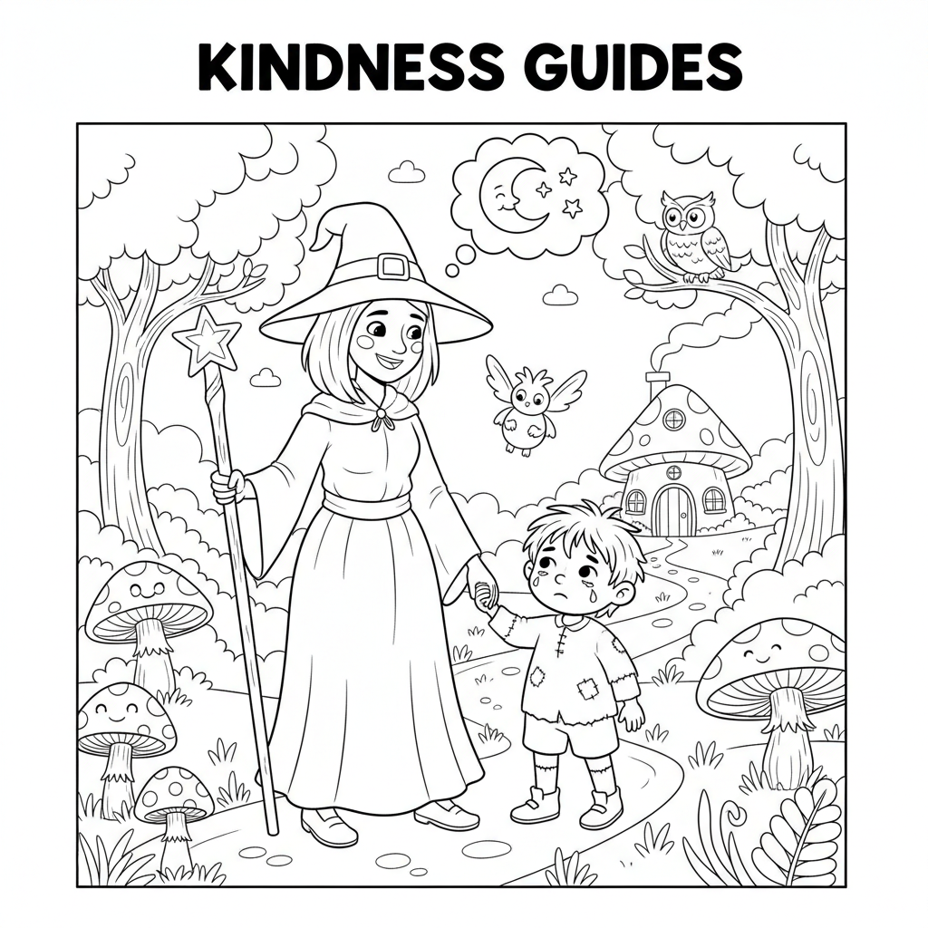 Witch helping lost child good witch kind story - Free Printable Coloring Page Witch helping lost child good witch kind story - Free Printable Coloring Page