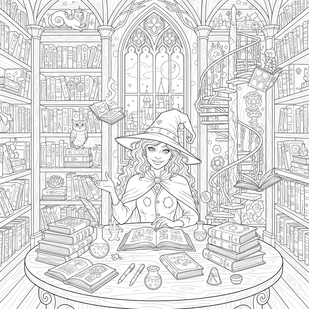 Witch Library Magical Books - Free Printable Coloring Page Witch Library Magical Books - Free Printable Coloring Page