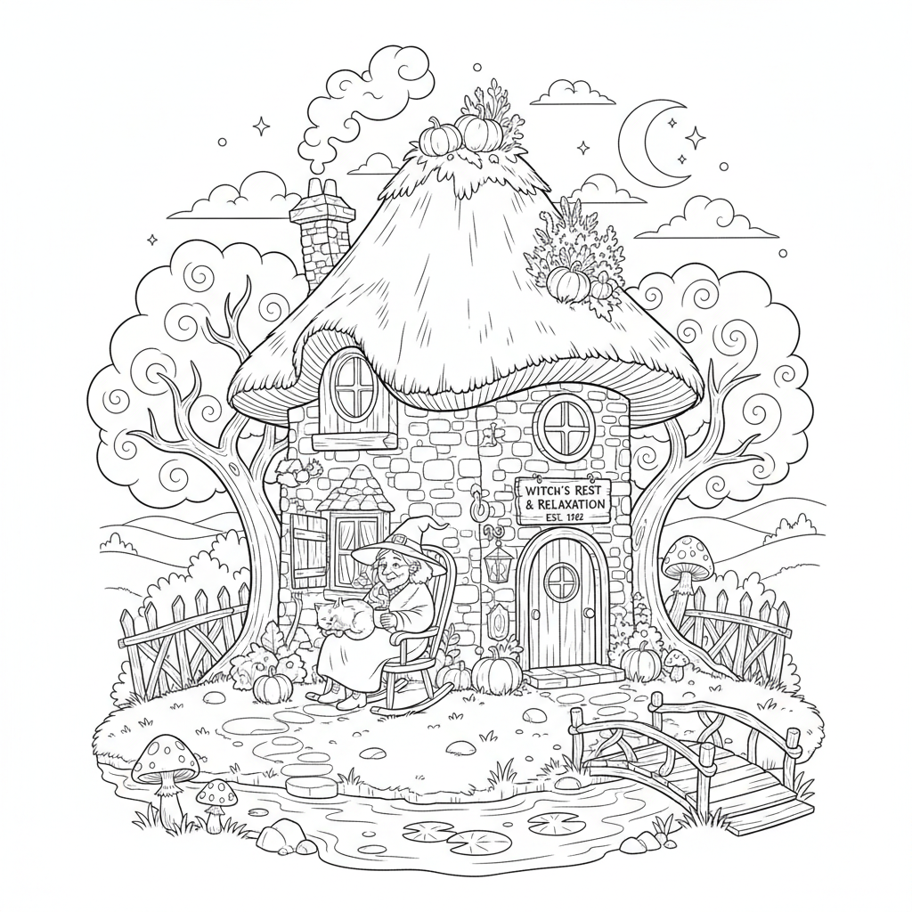 Witch retirement cozy cottage peaceful elderly magic - Free Printable Coloring Page Witch retirement cozy cottage peaceful elderly magic - Free Printable Coloring Page