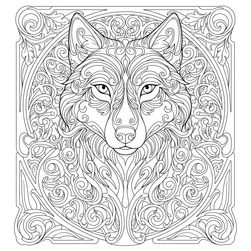 Art Nouveau style wolf portrait with flowing decorative fur lines and organic borders - Free Printable Coloring Page Art Nouveau style wolf portrait with flowing decorative fur lines and organic borders - Free Printable Coloring Page