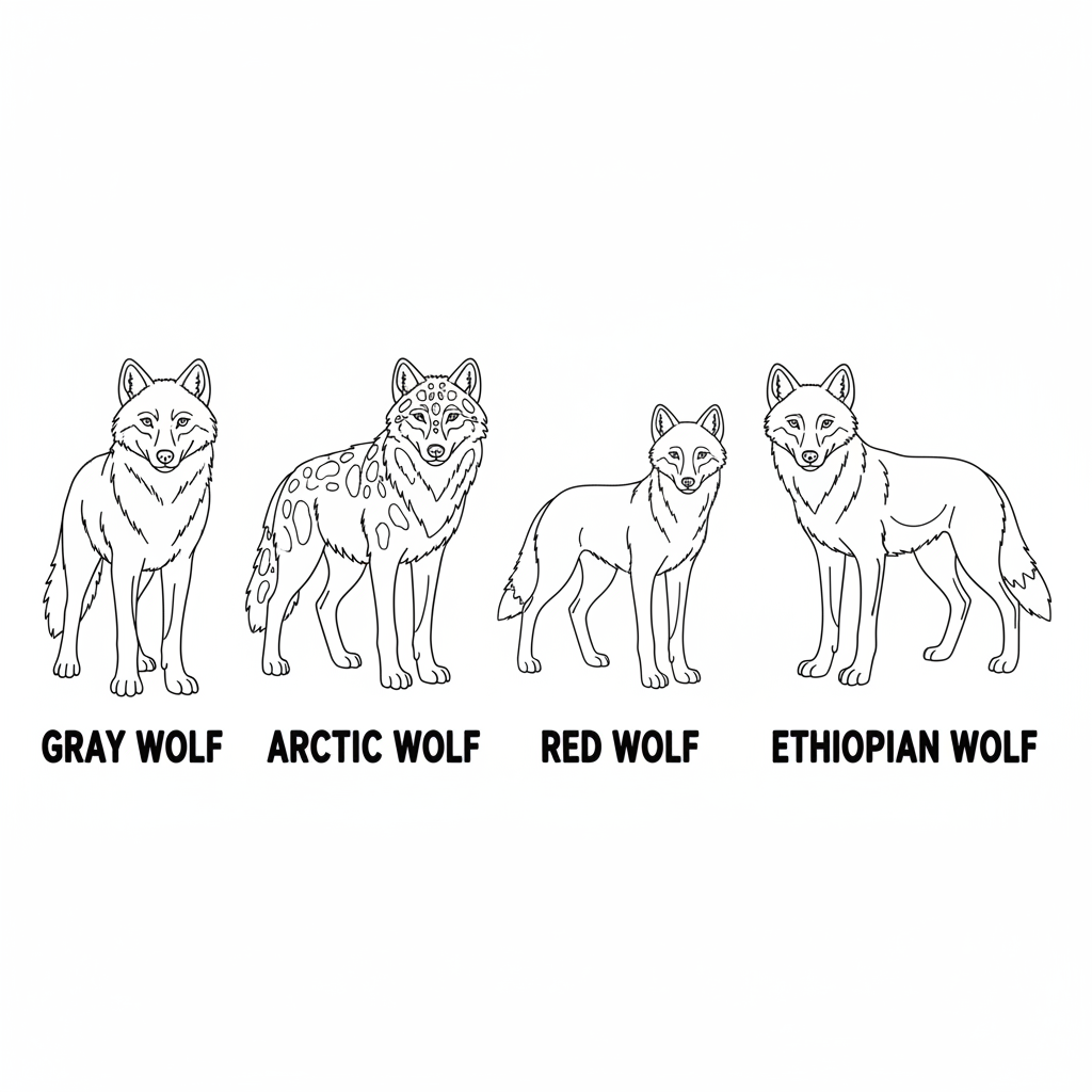 Different wolf species comparison showing gray wolf arctic wolf red wolf and Ethiopian wolf - Free Printable Coloring Page