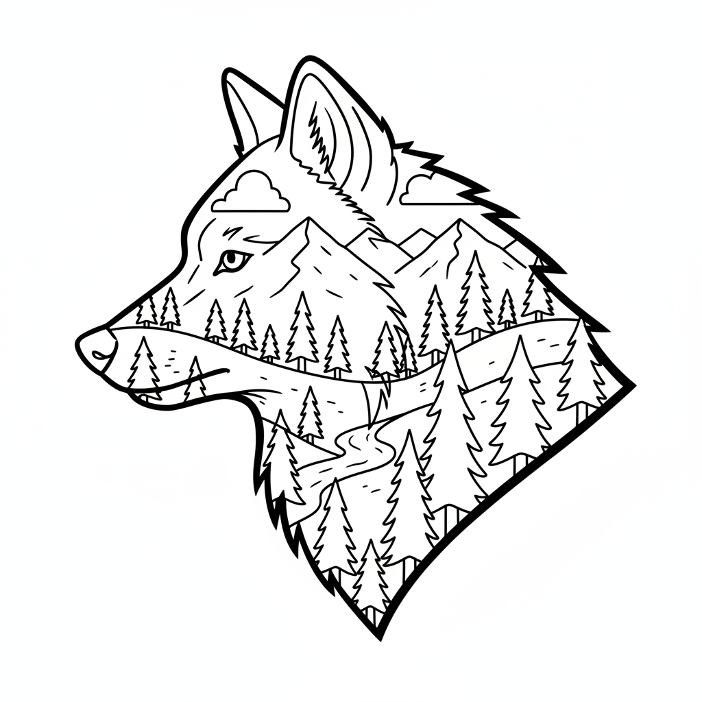 Double exposure style wolf head filled with forest landscape and mountains - Free Printable Coloring Page