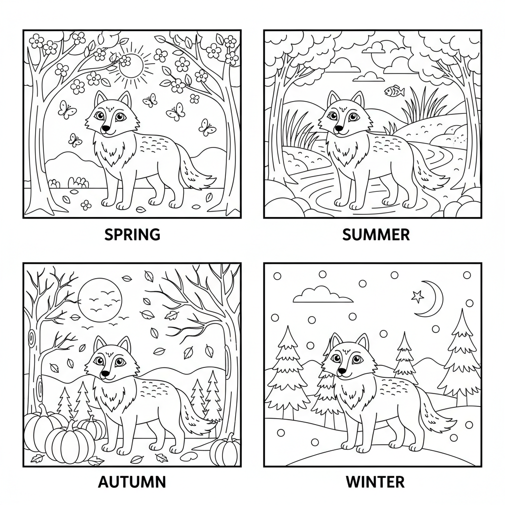 Een scène met een wolf in vier seizoenen, waarin dezelfde wolf te zien is in lente-, zomer-, herfst- en winterlandschappen. - Gratis afdrukbare kleurplaat