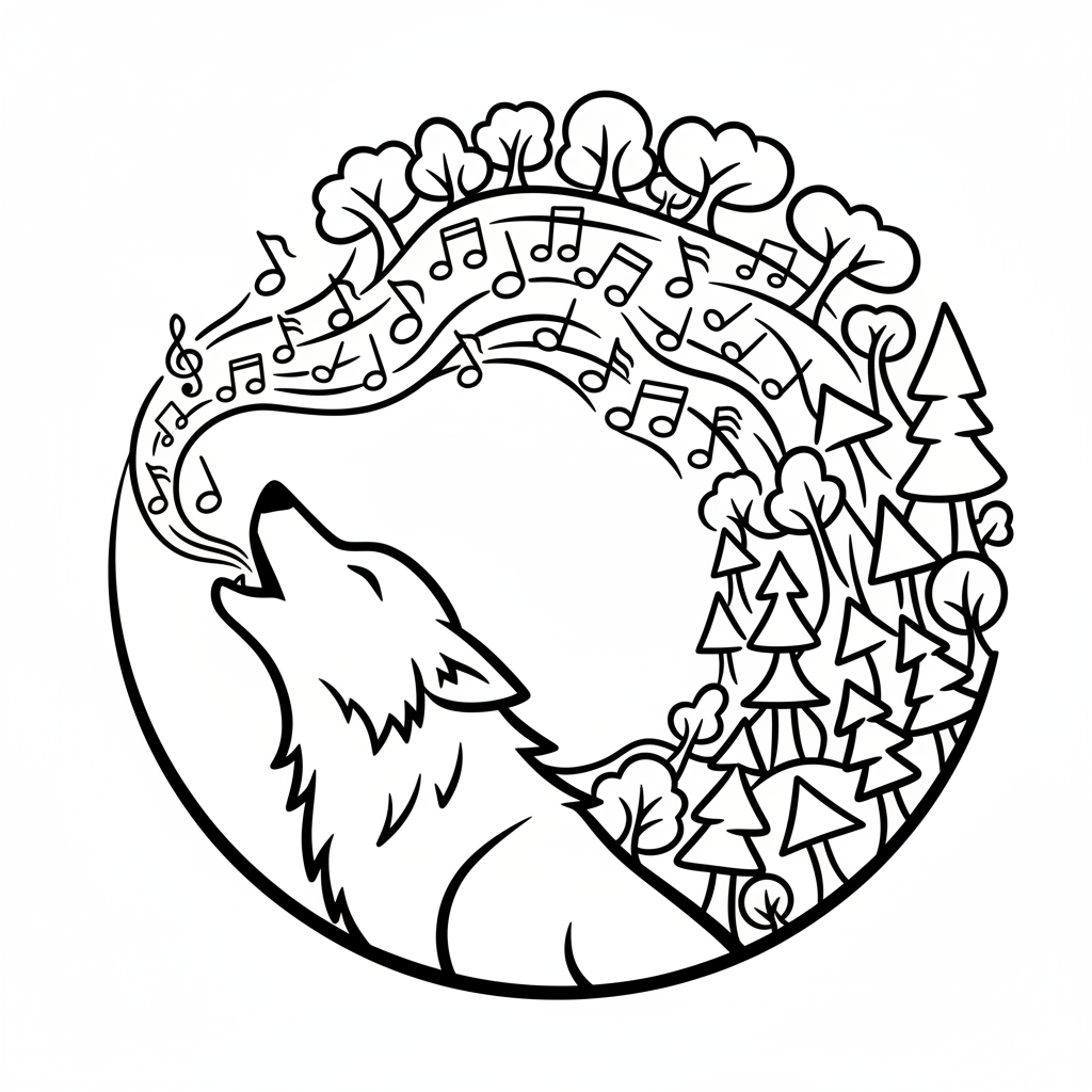 Howling wolf with sound waves transforming into musical notes and forest shapes - Free Printable Coloring Page