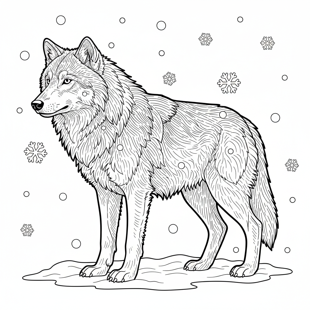 Realistic wolf in winter coat with individual fur strands and snow falling - Free Printable Coloring Page