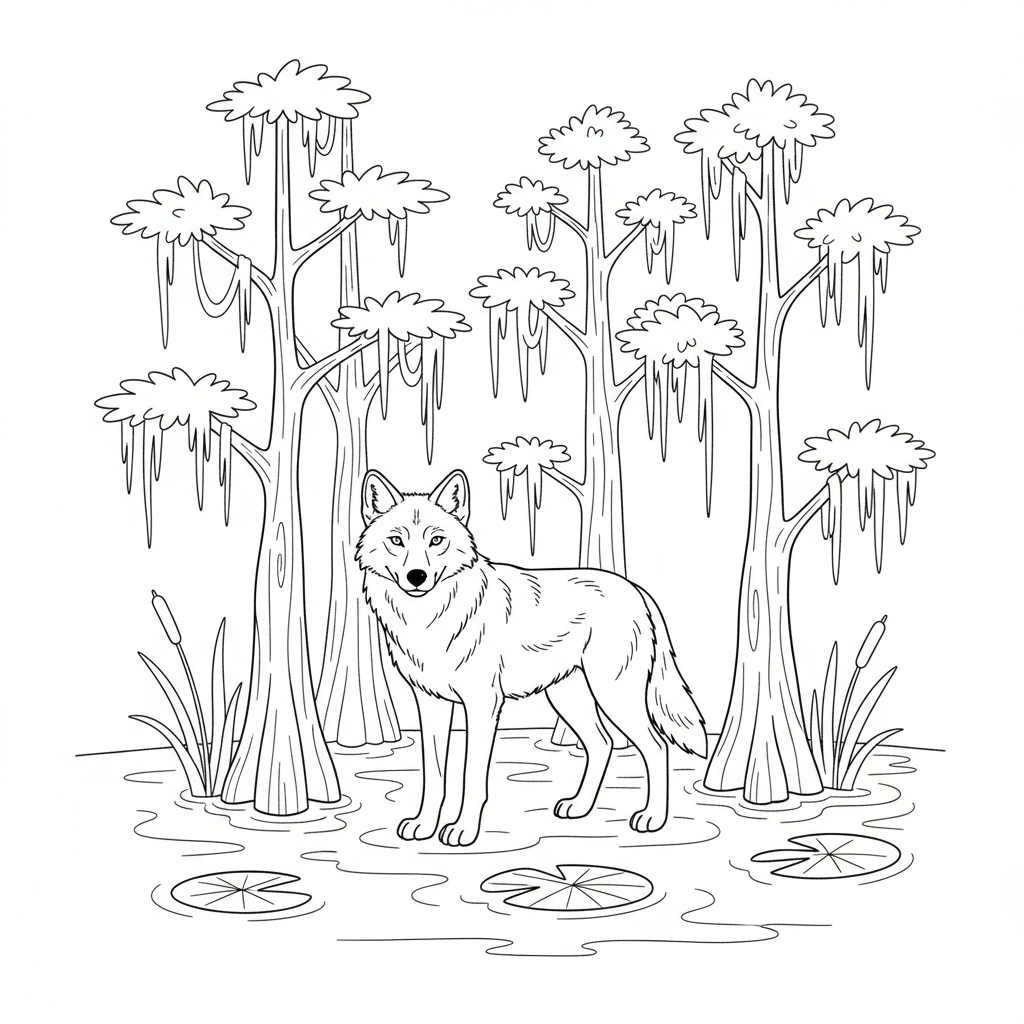Red Wolf In A Southeastern Swamp With Cypress Trees And