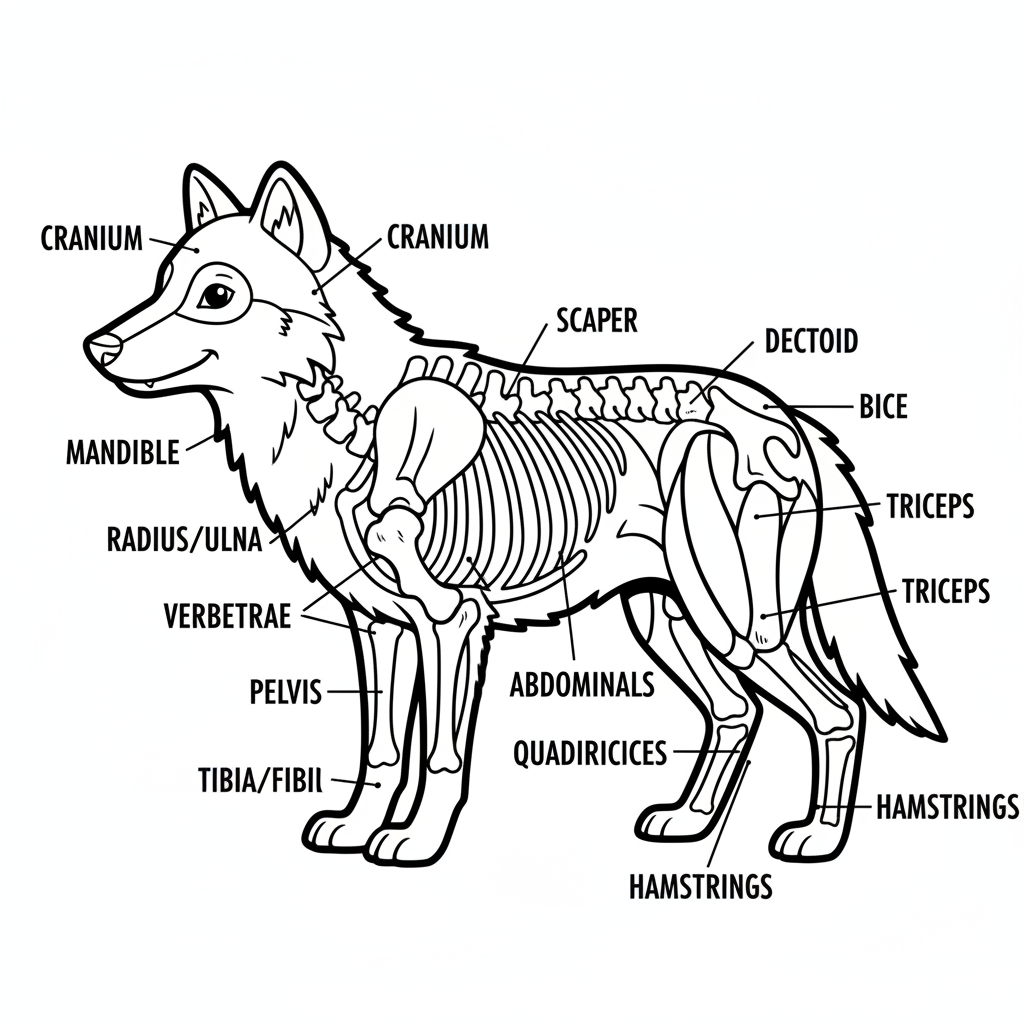 Wolf anatomy study showing muscular structure and skeletal overlay - Free Printable Coloring Page