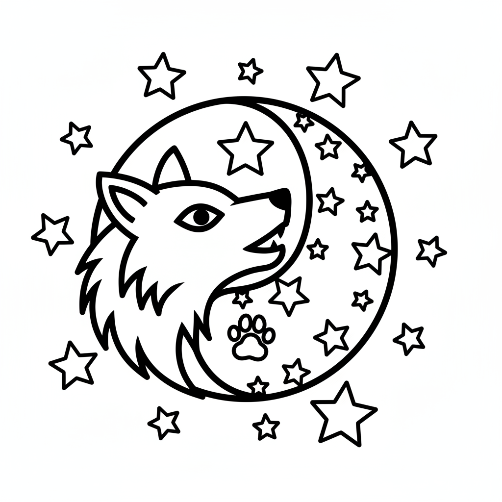 Wolf and moon combined in a yin-yang composition with stars - Free Printable Coloring Page Wolf and moon combined in a yin-yang composition with stars - Free Printable Coloring Page