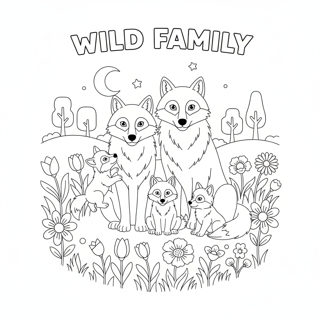 Wolf family portrait with parents and pups in a meadow with wildflowers - Free Printable Coloring Page