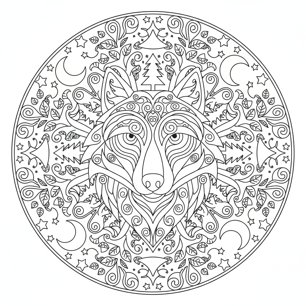 Wolf mandala with circular fur patterns and forest elements radiating outward - Free Printable Coloring Page Wolf mandala with circular fur patterns and forest elements radiating outward - Free Printable Coloring Page