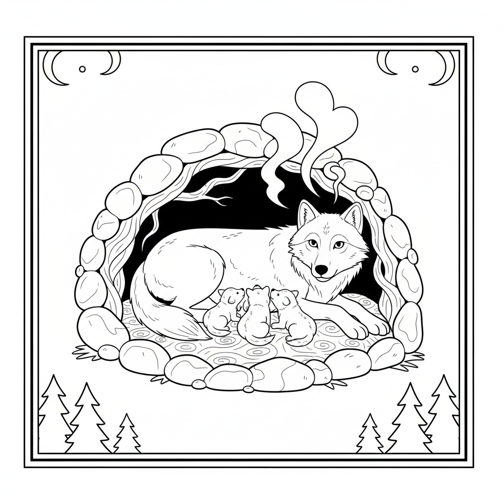 Een wolvenmoeder zogt haar welpen in een knus hol, warm en veilig. - Gratis afdrukbare kleurplaat