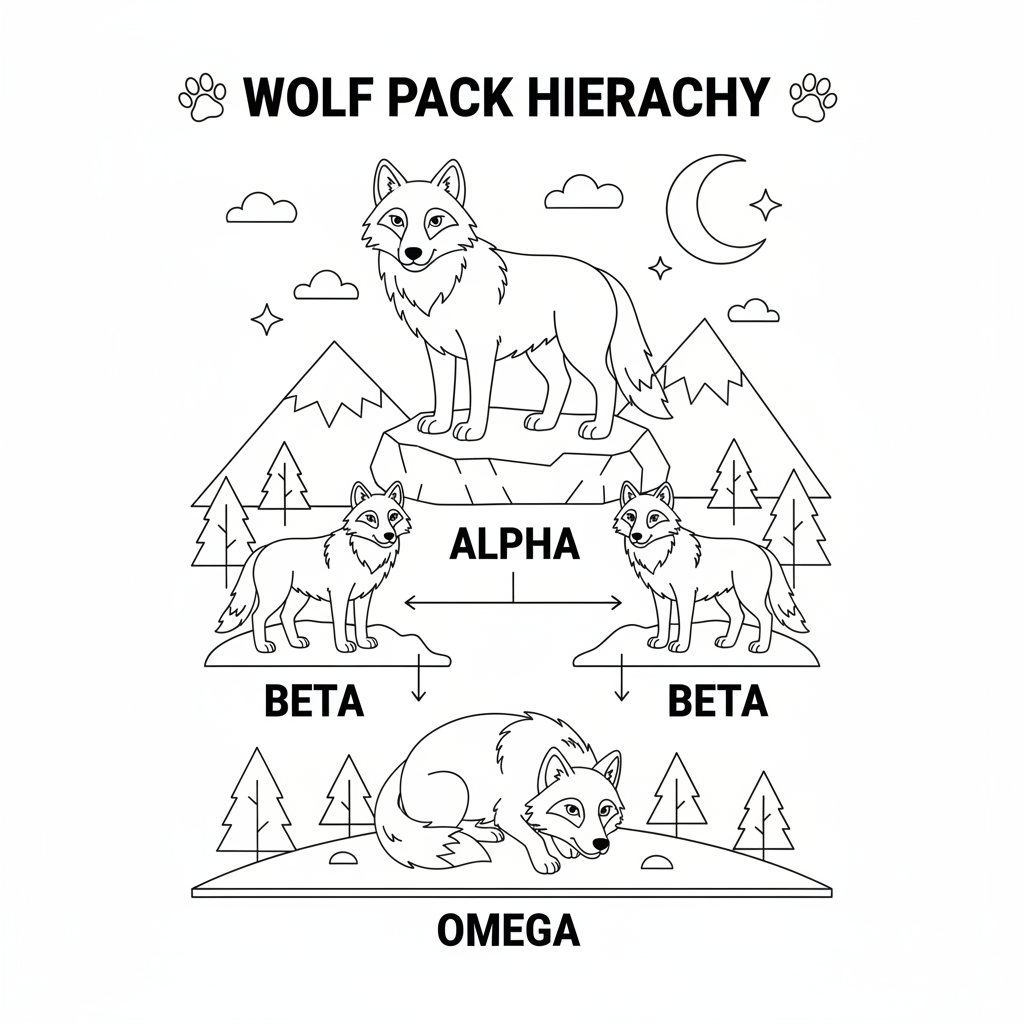Wolf pack hierarchy diagram showing alpha beta and omega positions - Free Printable Coloring Page Wolf pack hierarchy diagram showing alpha beta and omega positions - Free Printable Coloring Page