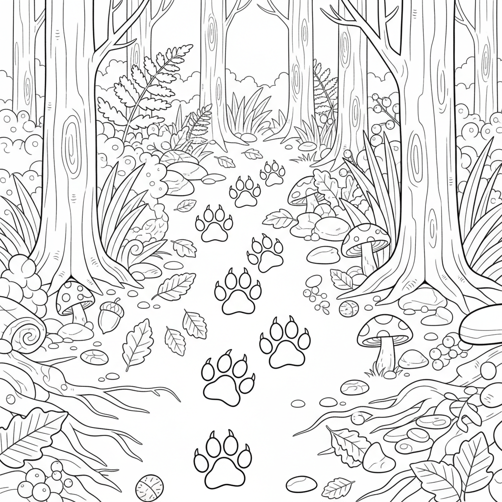 Wolf paw print trail leading through a detailed forest floor scene - Free Printable Coloring Page