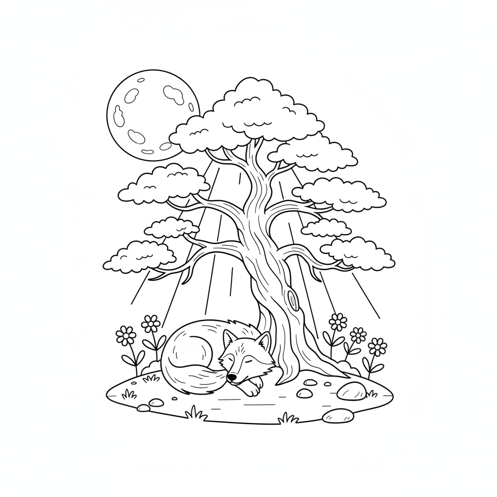 Wolf resting under a large pine tree in a moonlit clearing - Free Printable Coloring Page Wolf resting under a large pine tree in a moonlit clearing - Free Printable Coloring Page