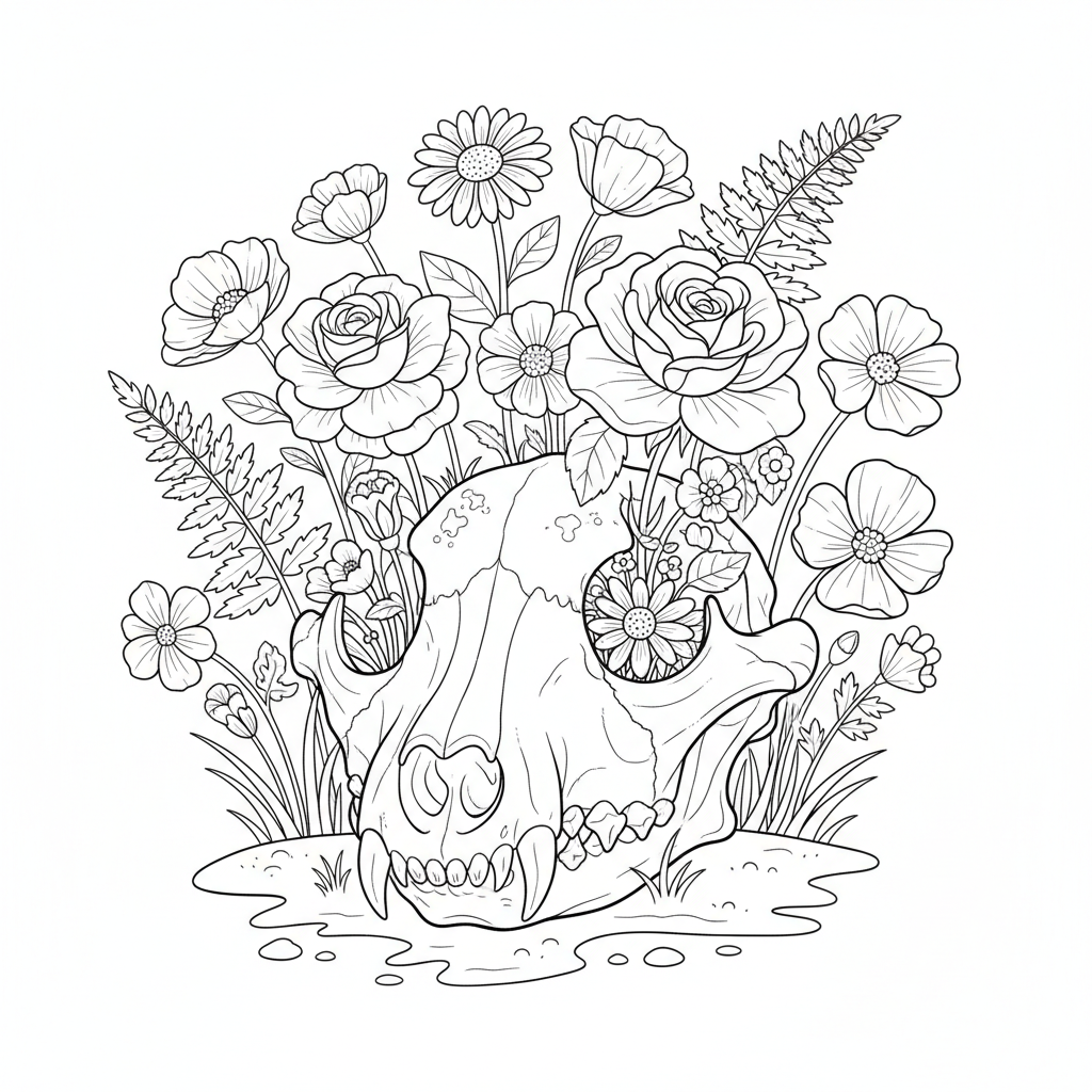 Wolf skull with wildflowers and roses growing through it botanical style - Free Printable Coloring Page Wolf skull with wildflowers and roses growing through it botanical style - Free Printable Coloring Page