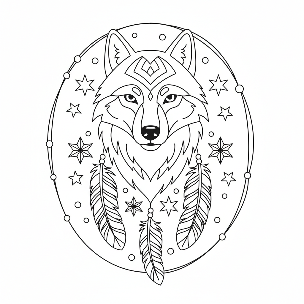 Wolf spirit animal design with dreamcatcher feathers and stars - Free Printable Coloring Page
