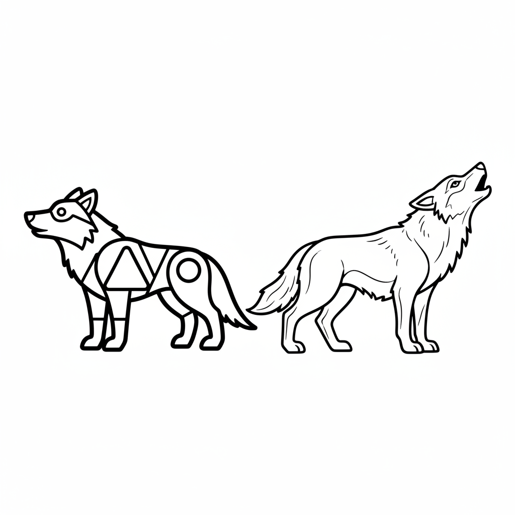 Wolf transformation from geometric shapes to realistic on one side - Free Printable Coloring Page Wolf transformation from geometric shapes to realistic on one side - Free Printable Coloring Page