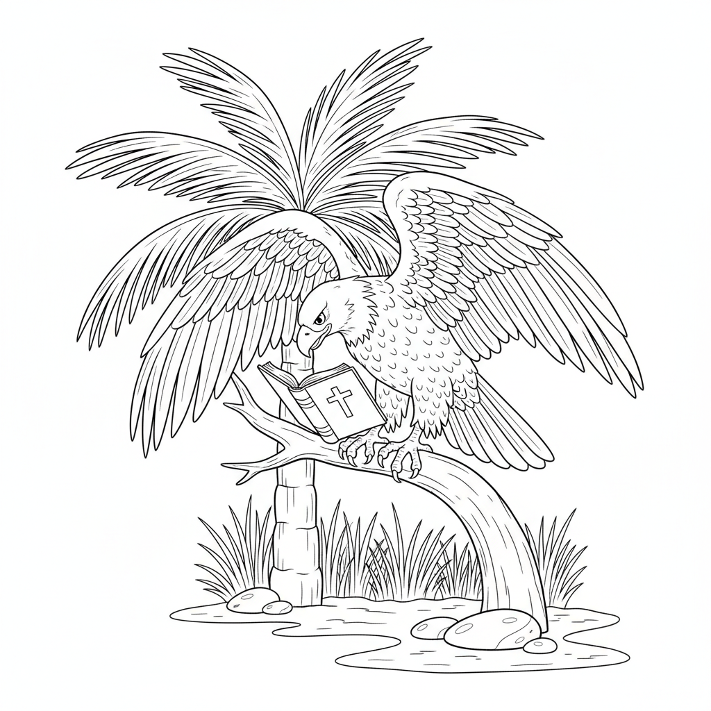 An eagle reading a bible under a palmetto tree - Free Printable Coloring Page An eagle reading a bible under a palmetto tree - Free Printable Coloring Page