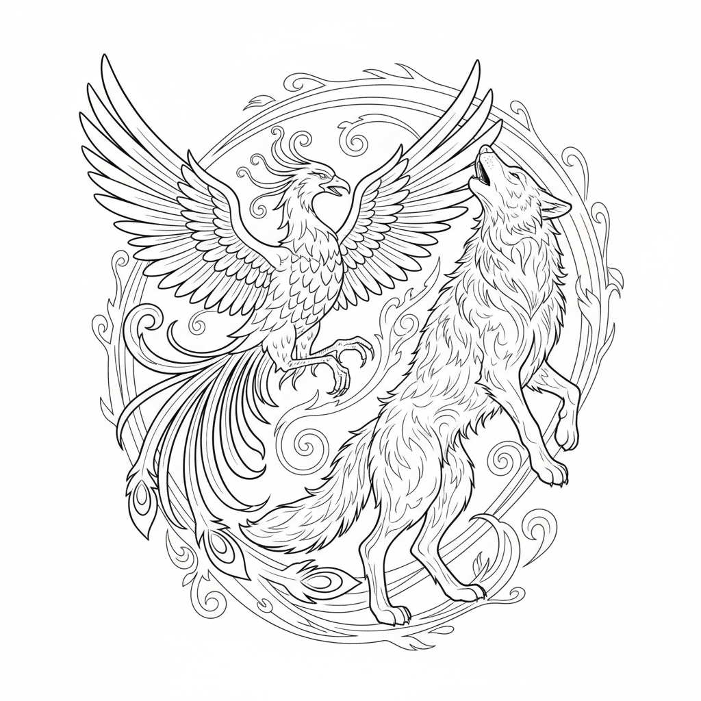 phonix et loup - Free Printable Coloring Page phonix et loup - Free Printable Coloring Page