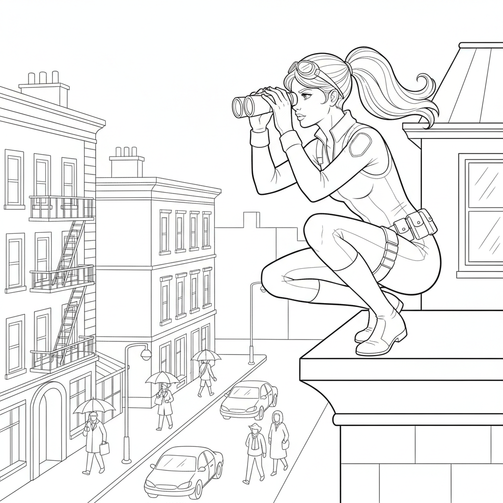 A young, female spy, perched on the roof of a building, watching the civilians walking on the road b - Free Printable Coloring Page A young, female spy, perched on the roof of a building, watching the civilians walking on the road b - Free Printable Coloring Page
