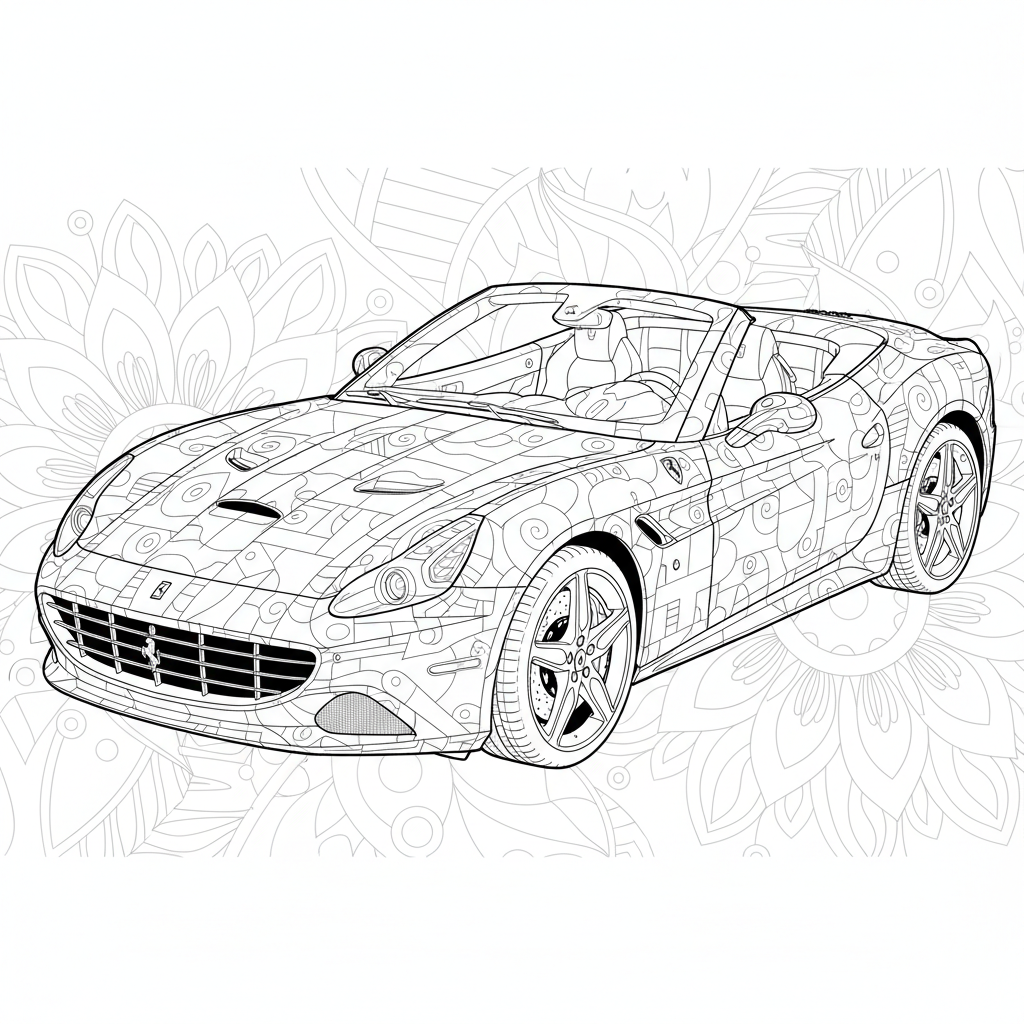 Ferrari California v24 standing diagonally, so that the viewer can see the front, side, and the roof - Free Printable Coloring Page Ferrari California v24 standing diagonally, so that the viewer can see the front, side, and the roof - Free Printable Coloring Page