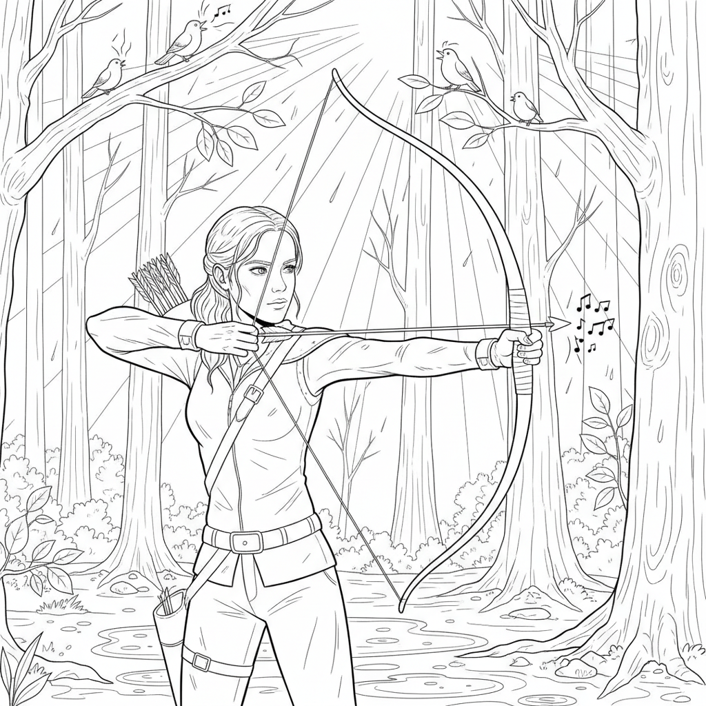 Katness with a bow and arrow. The background wet woods with birds whistling. It is sunny - Free Printable Coloring Page