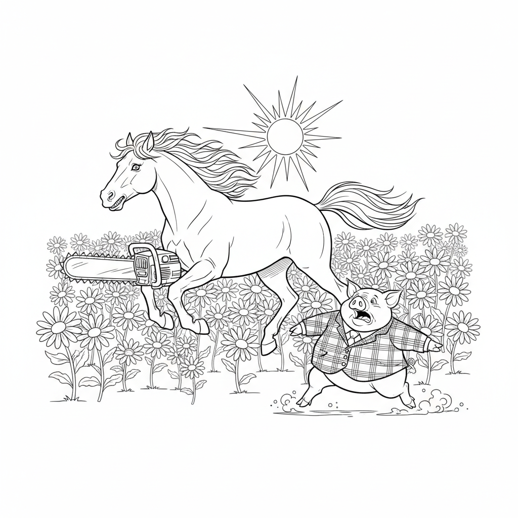 Un champ de marguerites et le soleil brille. Un cheval effrayant avec une tronçonneuse traverse le champ au galop. - Coloriage gratuit à imprimer