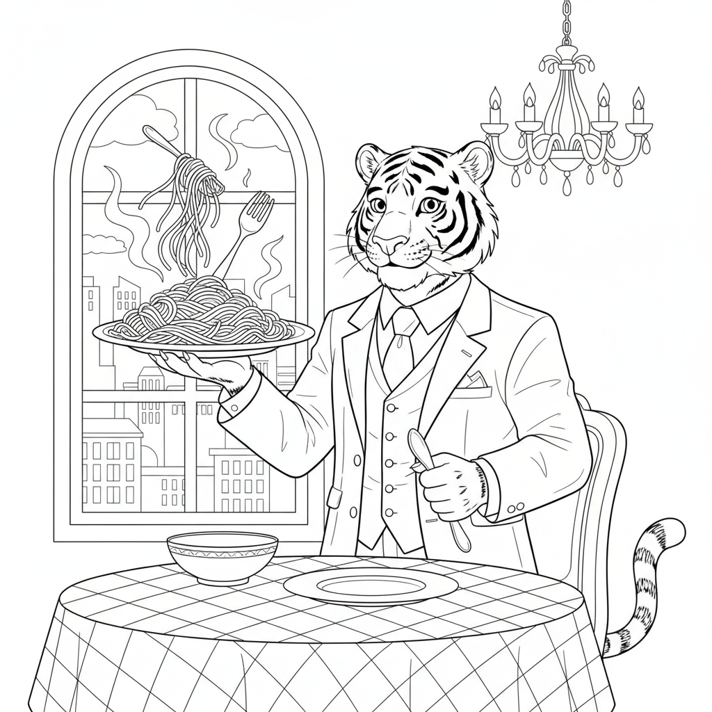 A teenage tiger wearing a suit and serving spaghetti - Free Printable Coloring Page A teenage tiger wearing a suit and serving spaghetti - Free Printable Coloring Page
